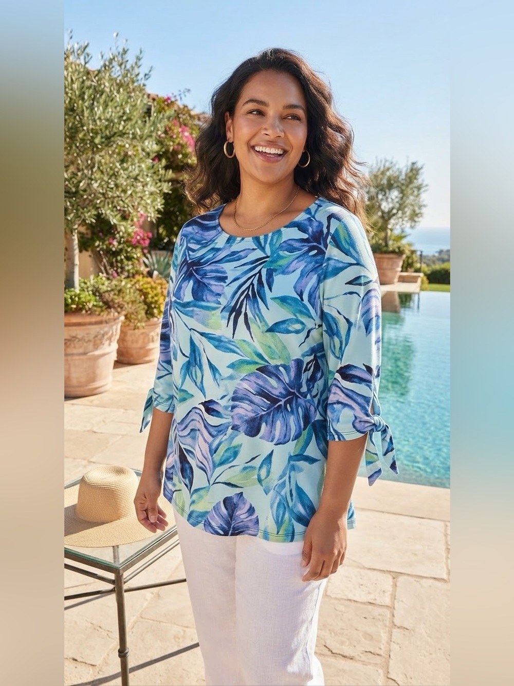 Susan Graver® Women’s Tropical Leaf Tie Sleeve Top Blue Green 4X NEW